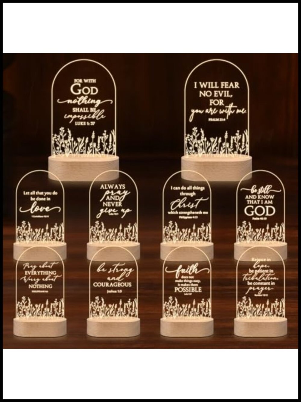 Acrylic Bible Verse Night Light Set with Wood Base